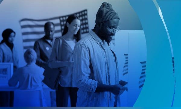 diverse group of US Citizens at the voting booth with a transparent blue color overlay on the im年龄